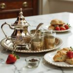 Silver plated tea set on marble with teapot and glass holders served next to scones and fresh strawberries