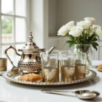 Hand-hammered silver plated tea set featuring an ornate teapot and glass holders displayed near white roses