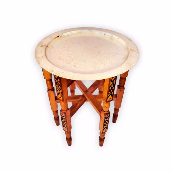 Hand Hammered Moroccan Tea Tray Table Silver with Wooden Stand
