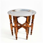 Silver plated hand hammered tea tray table with carved wooden stand product photo showing full dimensions and folding design