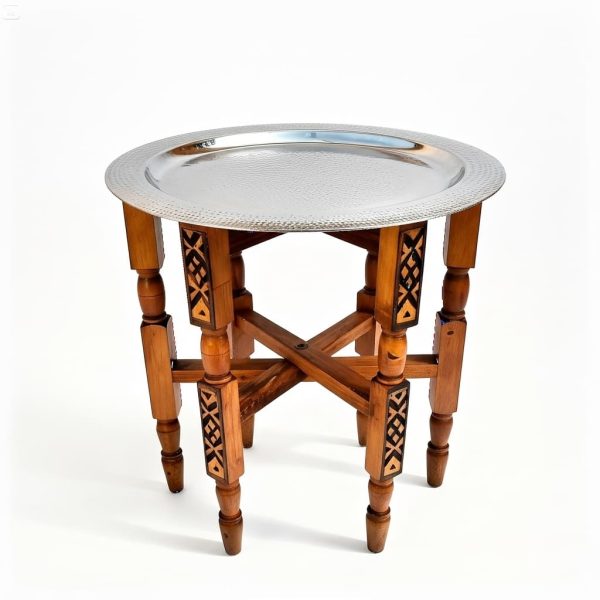 Silver plated hand hammered tea tray table with carved wooden stand product photo showing full dimensions and folding design