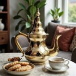 Polished handcrafted brass teapot on marble with traditional tea glass and Ghoriba Moroccan biscuits