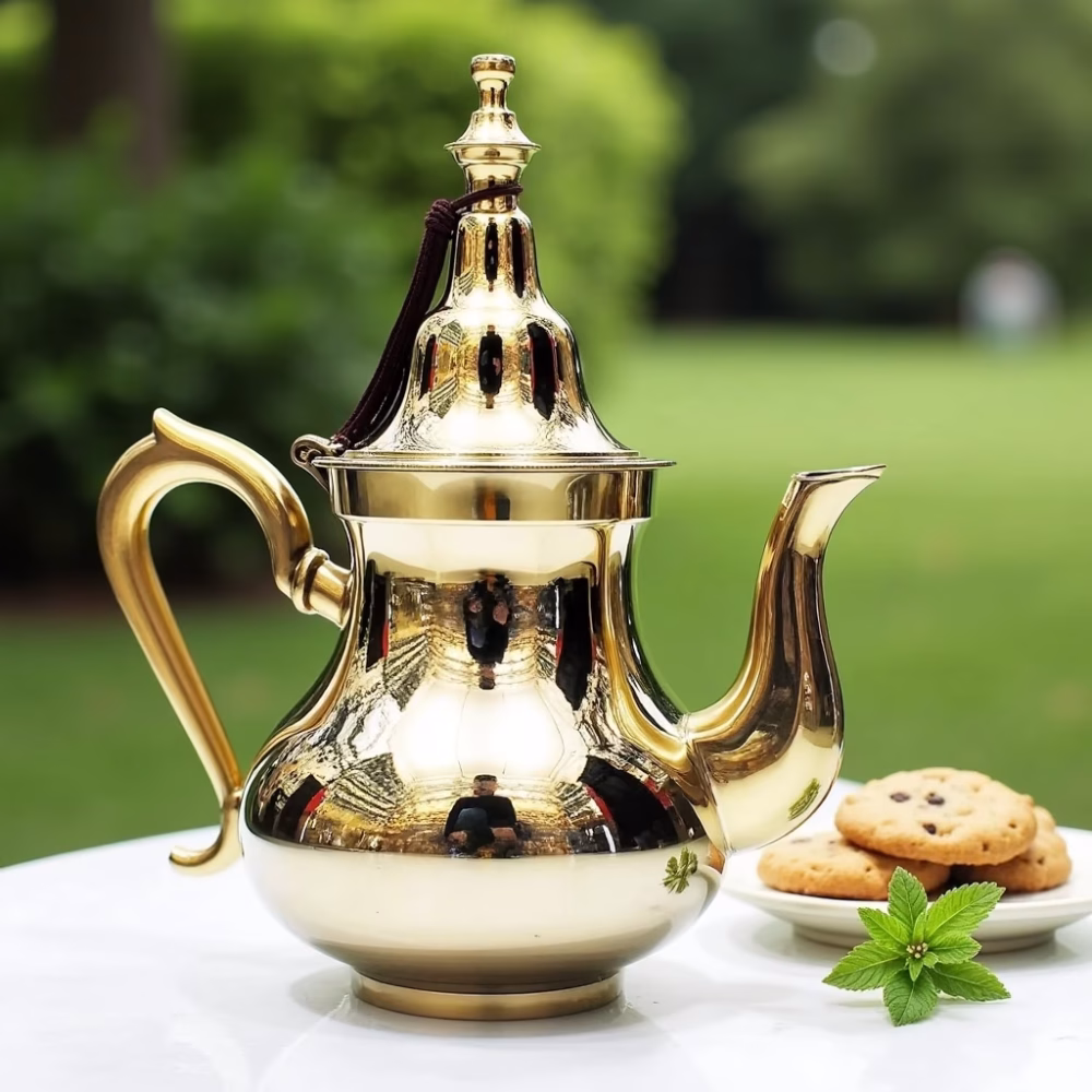 Gold brass teapot in garden setting