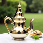 Gold brass teapot in garden setting