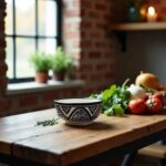Black and white geometric ceramic serving bowl with fresh vegetables on wooden cutting board