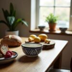 Moroccan-style ceramic serving bowl with Zwak pattern next to bread and fruit on rustic table