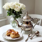 Moroccan silver teapot in elegant table setting with pastries