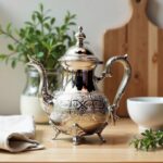 Tall moroccan silver teapot with intricate hand-engraving displayed on a wooden table near a lush green houseplant