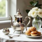Polished tall moroccan silver teapot styled with traditional pastries and white roses for an authentic tea ceremony