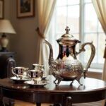 Tall moroccan silver teapot with hand-chiseled motifs on a round table in a classic Moroccan interior setting