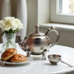 Ornate footed hammered silver teapot with a matching silver tea strainer hanging from the decorative dragon spout