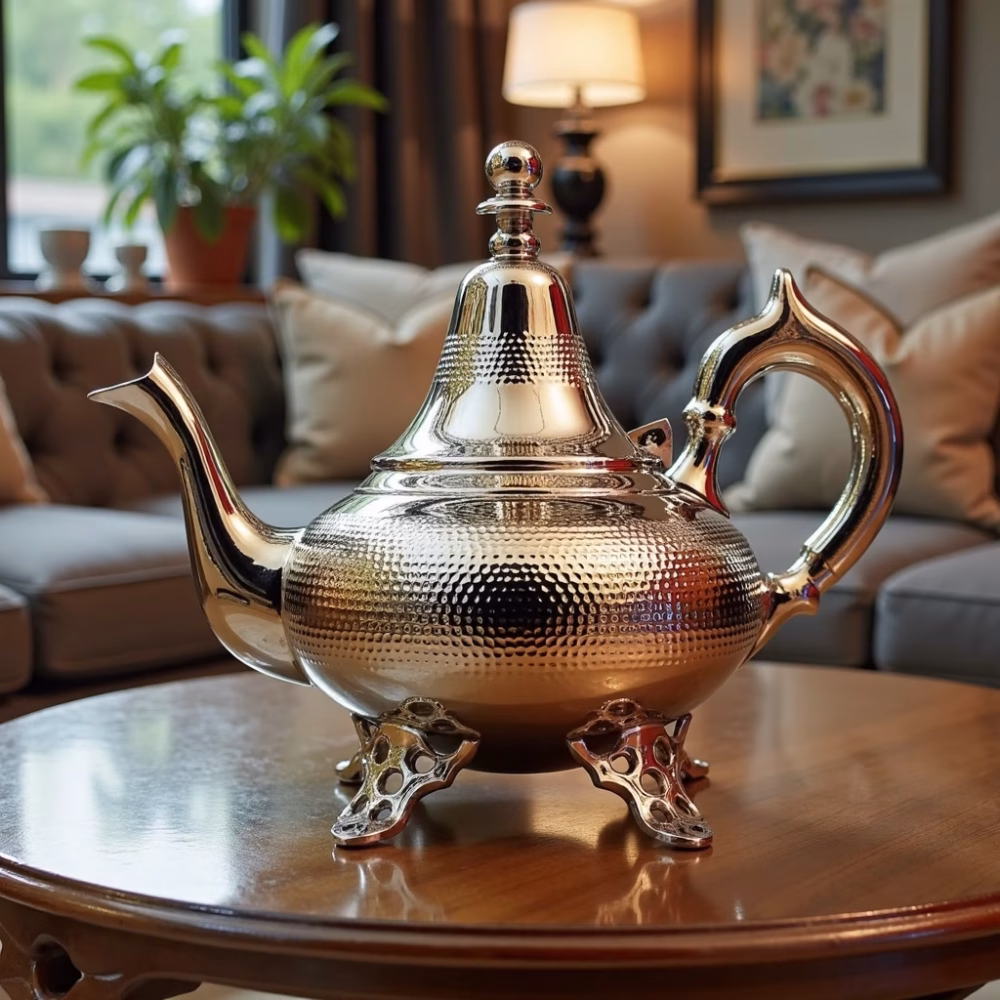 Hammered silver teapot in cozy living room setting