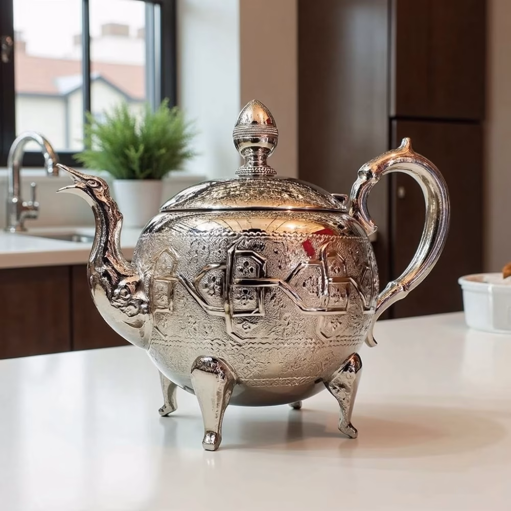 Royal tea pot with intricate engravings in modern kitchen