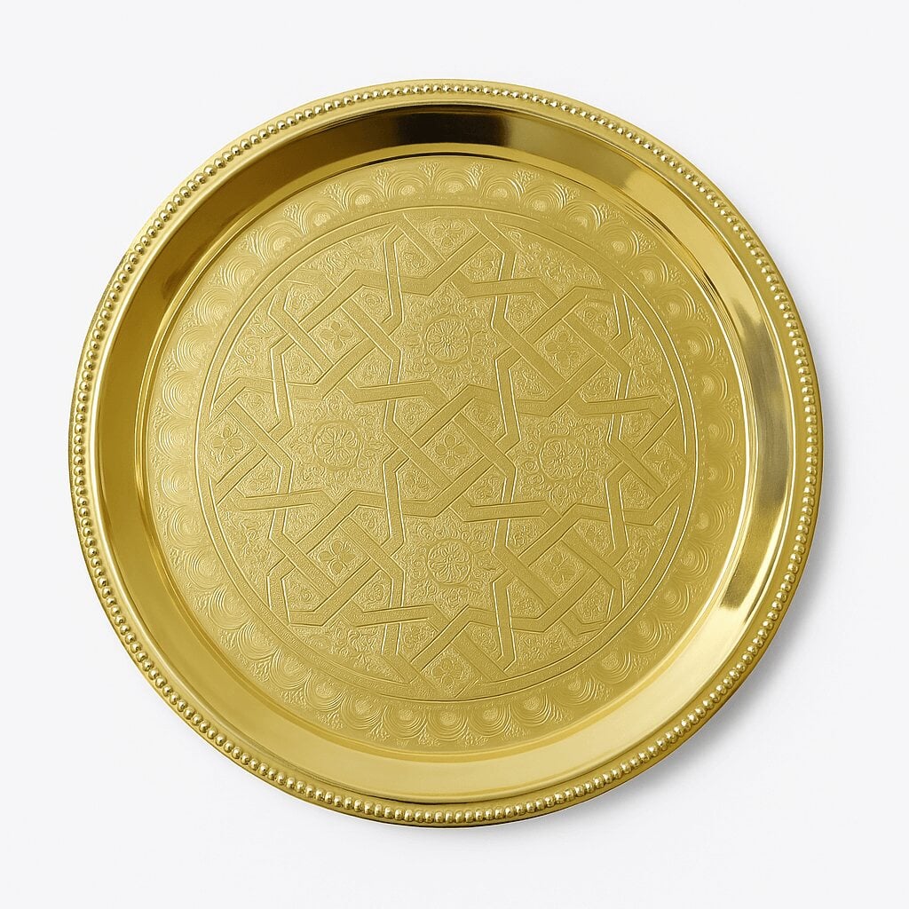 round brass tray - MCSDT06 - Featured image - close-up of pattern Hand-engraved eight-pointed star pattern on a mirror-polished round brass tray