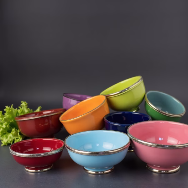 Moroccan Ceramic Bowls with Berber Silver Trim - Set of 6