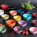 Array of ceramic bowls with silver trim in vibrant colors with strawberries and herbs on dark surface