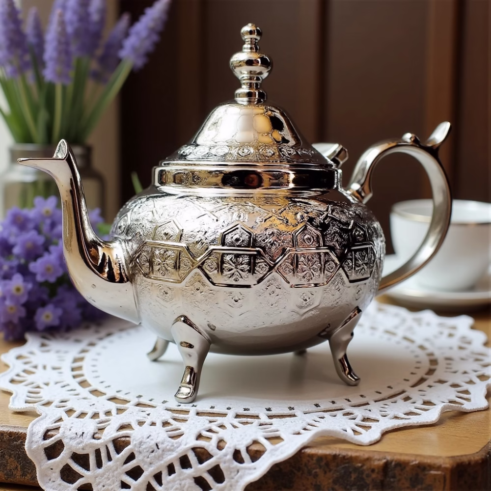 Large teapot with lavender arrangement on lace