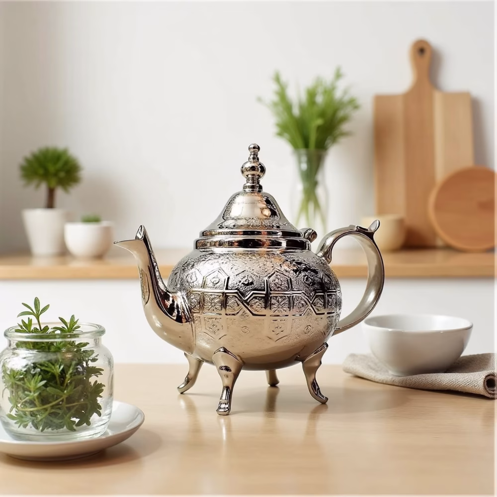 Hand-engraved teapot in modern kitchen setting