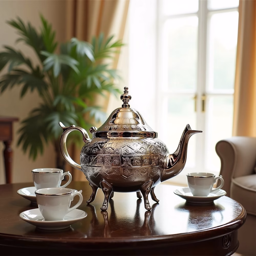 Silver-plated large teapot in formal tea setting