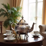 Silver-plated large teapot in formal tea setting