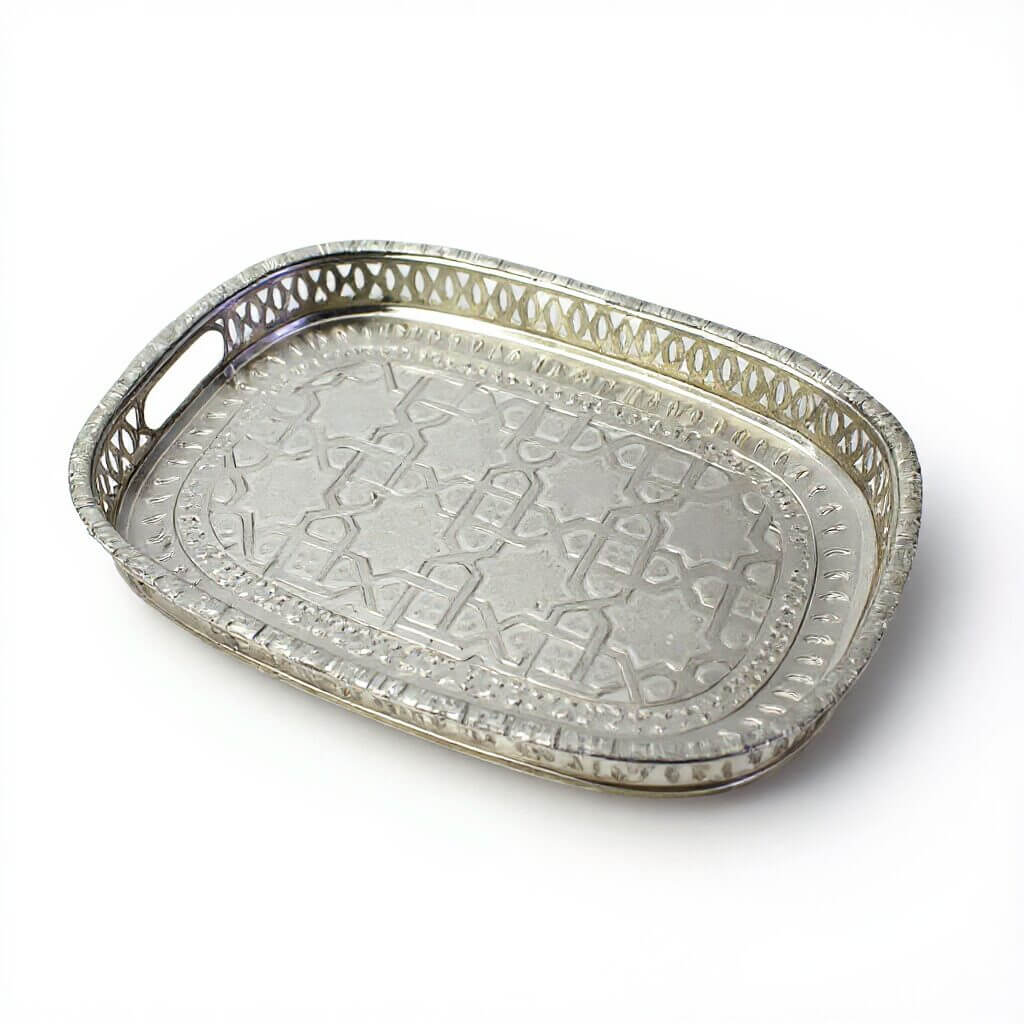 Moroccan Serving Tray – Rectangular (2) Silver-plated brass serving tray with geometric pattern and pierced gallery rim on white background