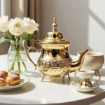 Traditional brass teapot with white roses