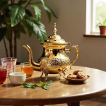 Hand-engraved gold Moroccan teapot on wooden table
