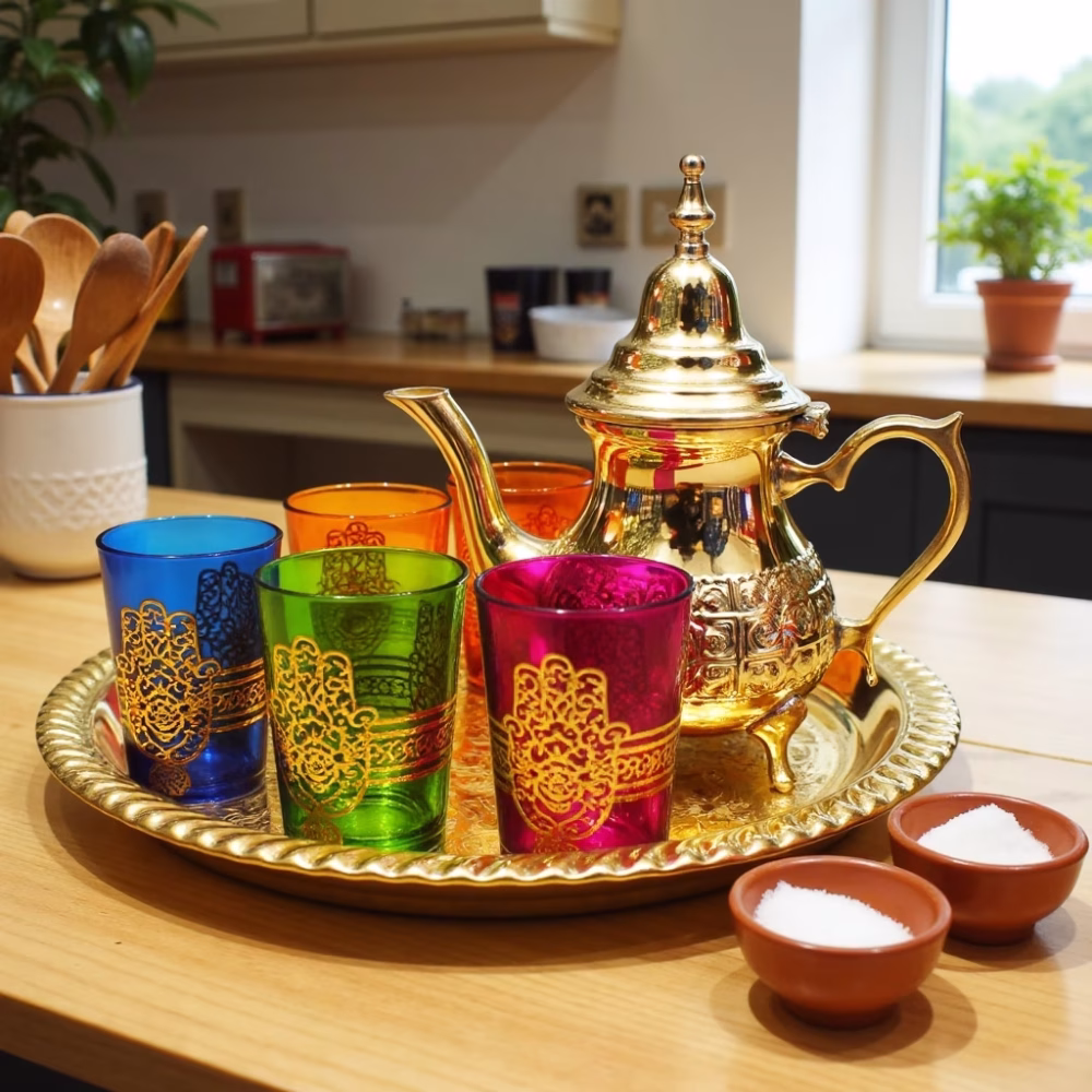 Complete tea service set displayed in kitchen setting