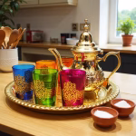 Complete tea service set displayed in kitchen setting