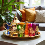 Brass teapot with vibrant rainbow tea glasses