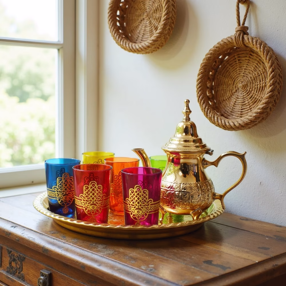 Traditional tea set styled on wooden table