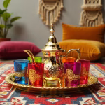 Colorful Moroccan tea glasses with gold brass teapot