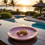 Purple geometric ceramic plate with food presentation by pool, hand-engraved artisan serving dish