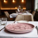 Green geometric ceramic plates on marble kitchen island, hand-engraved relief pattern artisan tableware