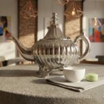A shiny Ribbed Silver Teapot sits on a textured stone counter next to a white teacup and a green macaron, with a warmly lit, modern cafe interior in the background.