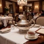 A classic Ribbed Silver Teapot placed on a crisp white tablecloth alongside a filled teacup in an elegant fine-dining restaurant with chandeliers.