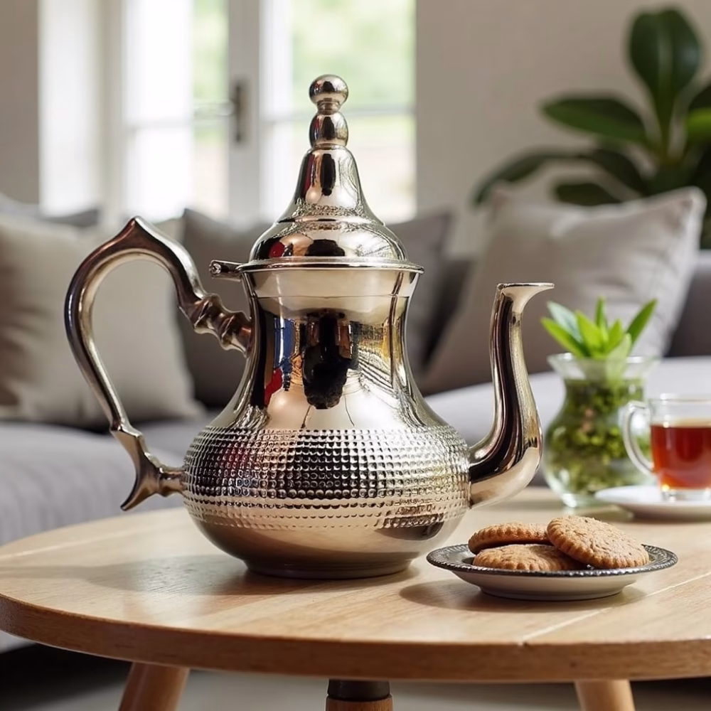 Hand-hammered silver teapot on wooden table