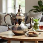 Minimalist hammered silver teapot on a metal tray with traditional Moroccan tea glasses and sweets