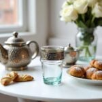 Moroccan tea service with clear tea glasses with metal band and silver arabesque sleeves on a tray with pastries