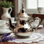 Plain polished traditional moroccan silver teapot with ball finial and four legs on white lace doily