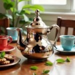 Traditional moroccan silver teapot with pointed dome lid beside a glass of tea and Moroccan pastries