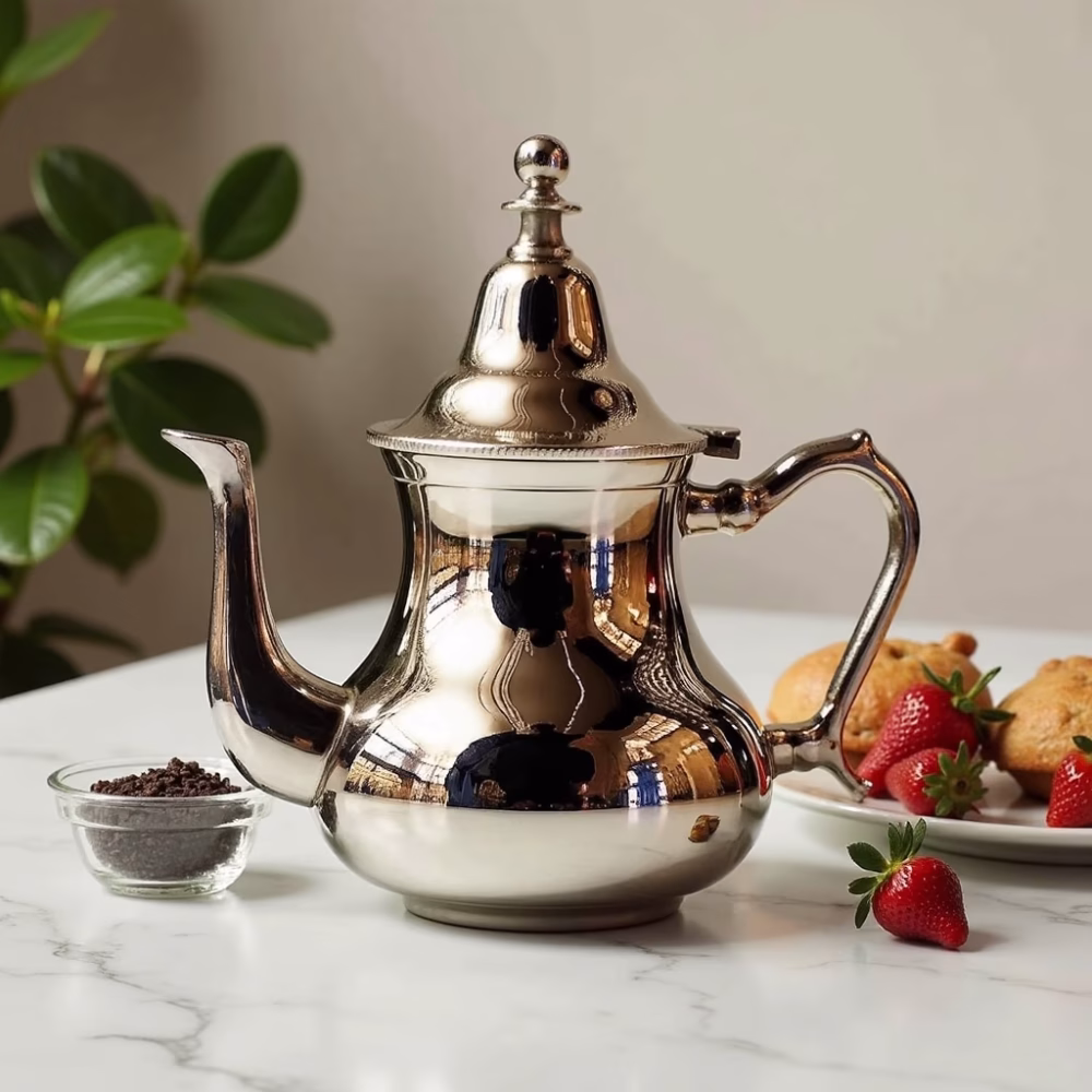 Silver-plated teapot with fresh berries