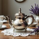 Silver-plated engraved teapot 6-cup with curved spout on wooden table next to lavender
