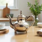 Silver-plated engraved teapot 6-cup showing polished finish and floral scrollwork