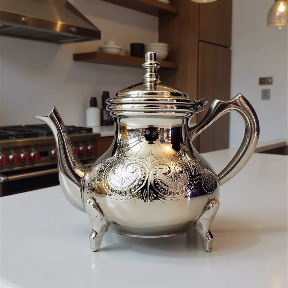 Traditional silver teapot in bright setting