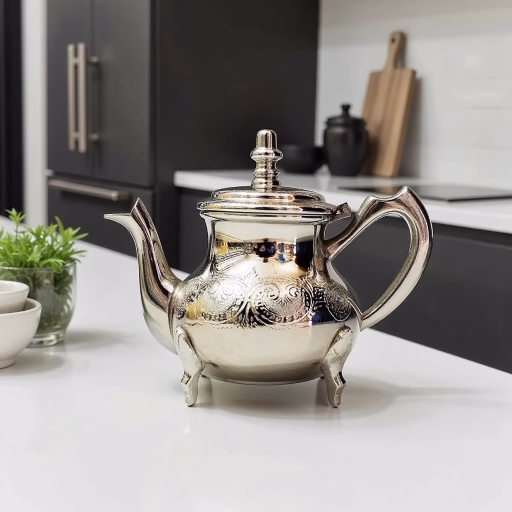Hand-engraved teapot in modern kitchen setting