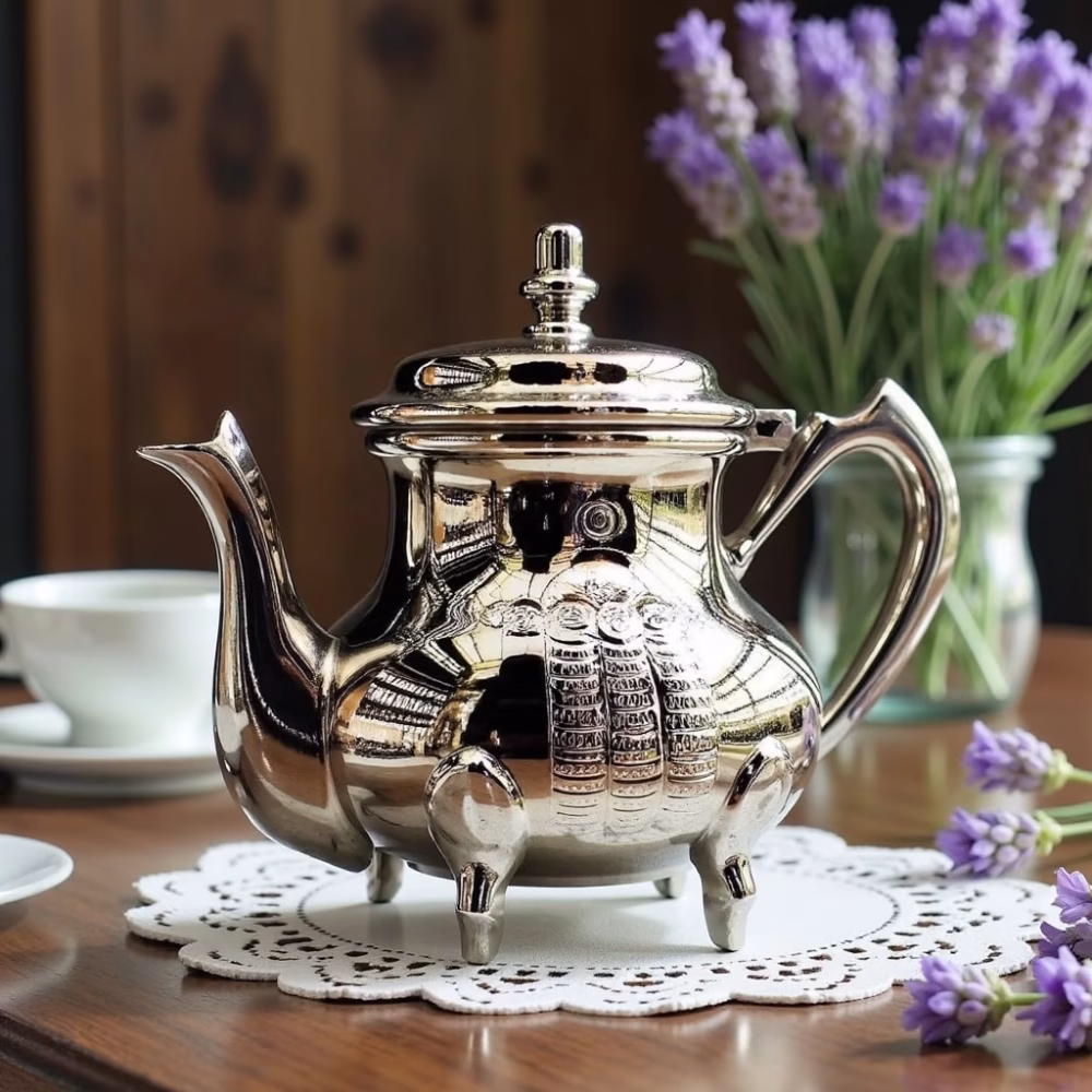 Silver-plated teapot with feet and lavender decor