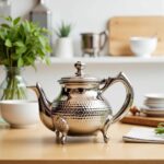 Silver wide oblate hammered teapot with cabriole feet on a kitchen surface near plants and household objects