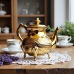 Gold wide oblate hammered teapot with cabriole feet on a lace doily beside a teacup and purple flowers