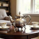 Silver wide oblate hammered teapot with cabriole feet flanked by two matching teacups and saucers
